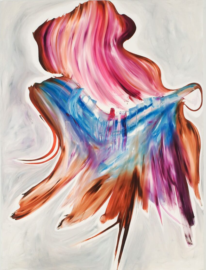 Abstract painting with vibrant swirls of pink, blue, and brown brushstrokes on a light background