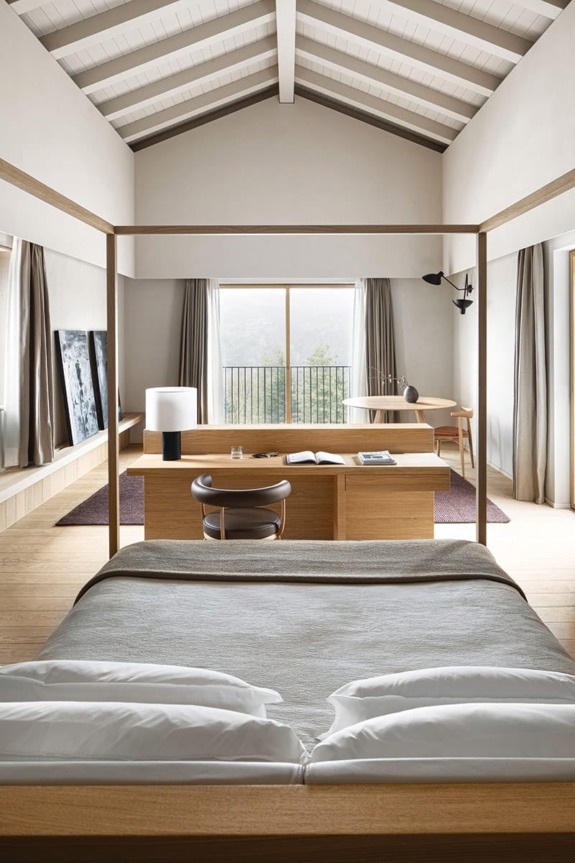 Modern bedroom with wooden furniture, large bed, desk, and window with curtains under a vaulted ceiling.
