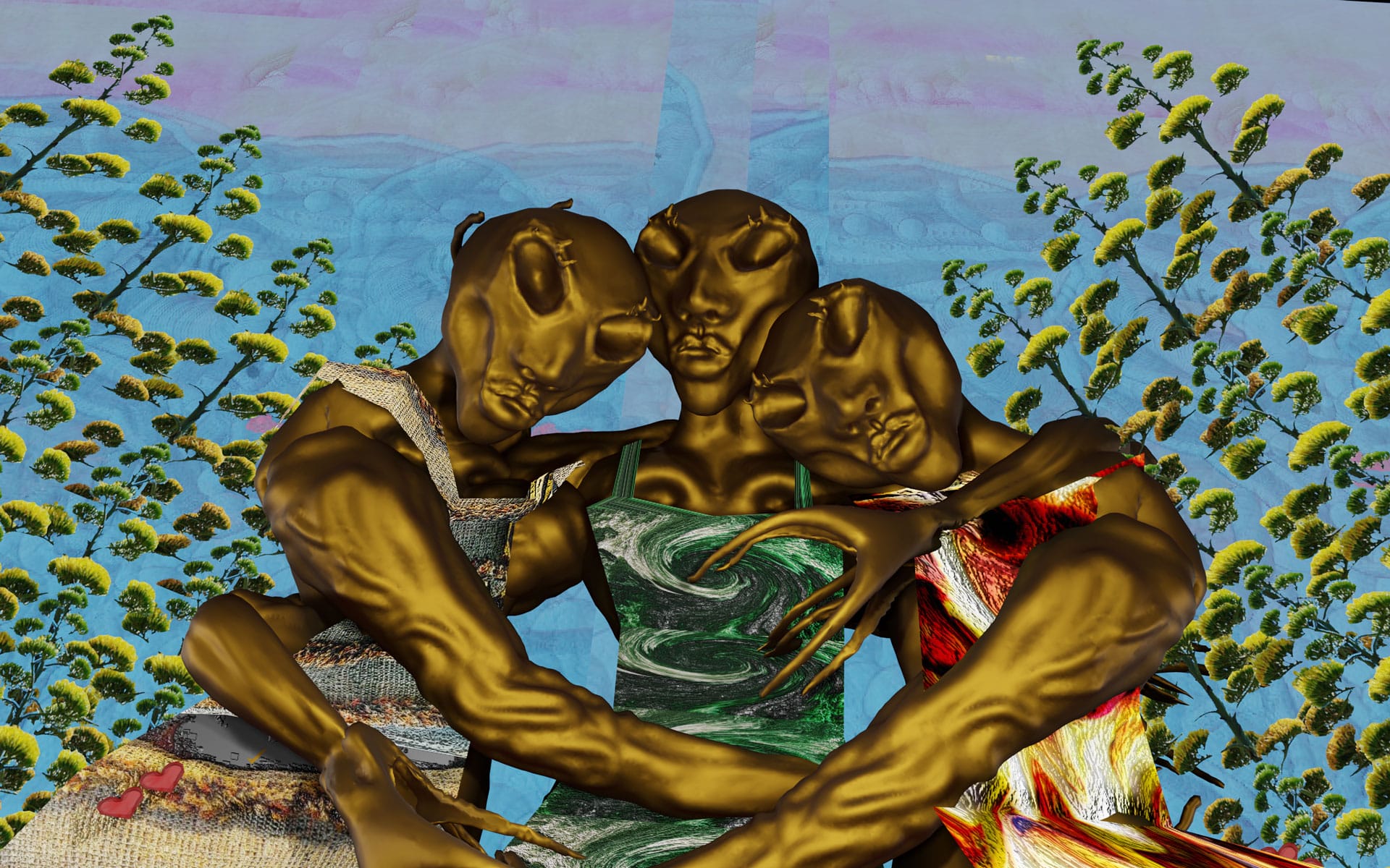 Three abstract golden figures embracing in colorful dresses, surrounded by stylized trees and a pastel sky background.