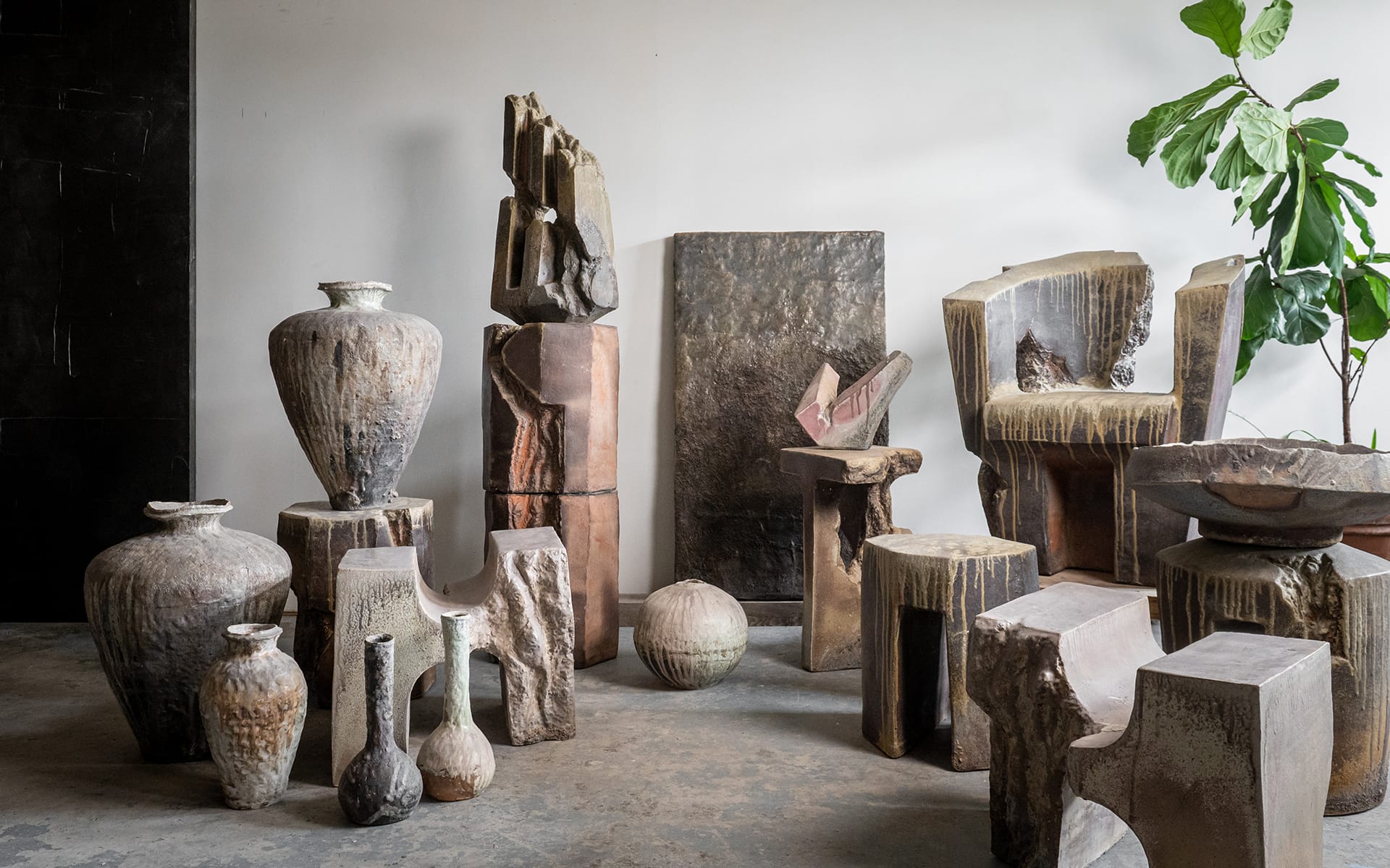 Collection of abstract stone sculptures and pottery displayed in an indoor setting with a large leafy plant in the background.