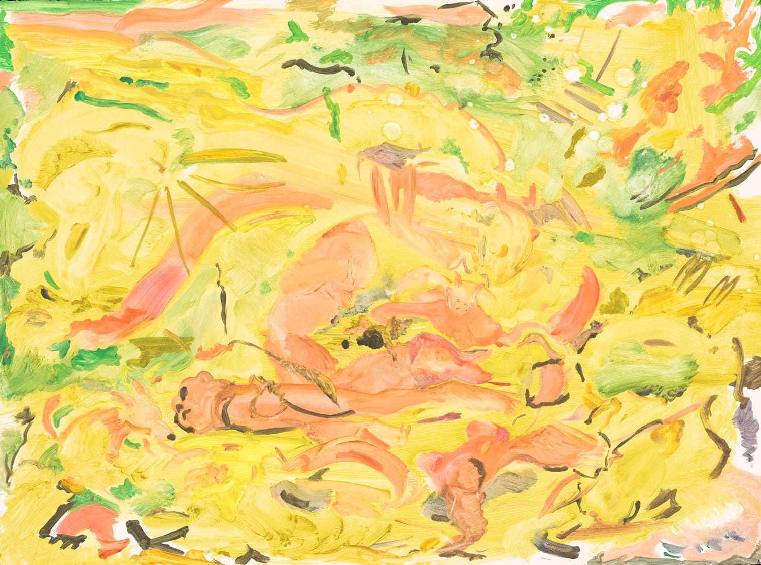 Abstract painting with swirling yellow, orange, and green brushstrokes, creating a vibrant and dynamic composition.