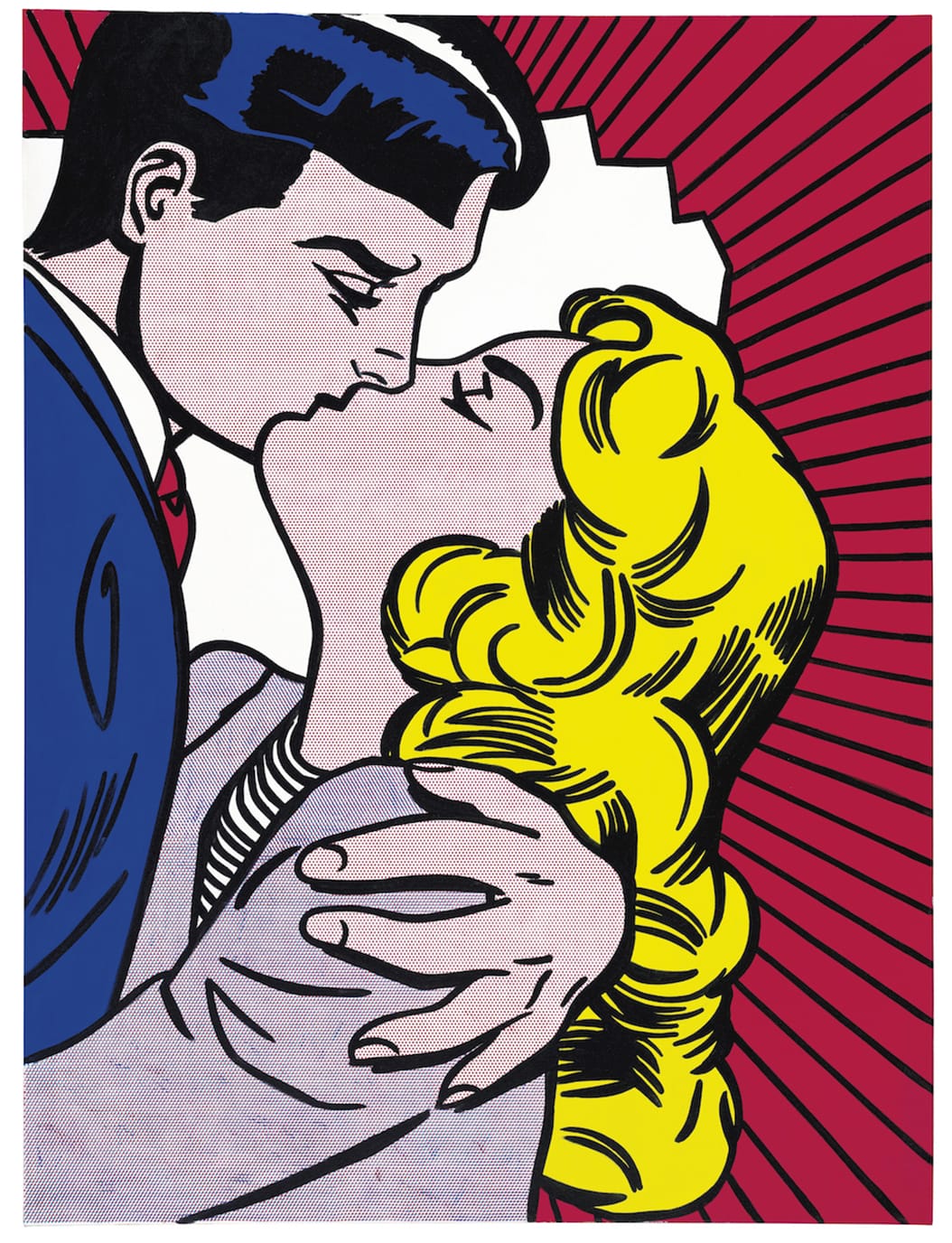 Pop art couple kissing with vibrant red background and comic book style.