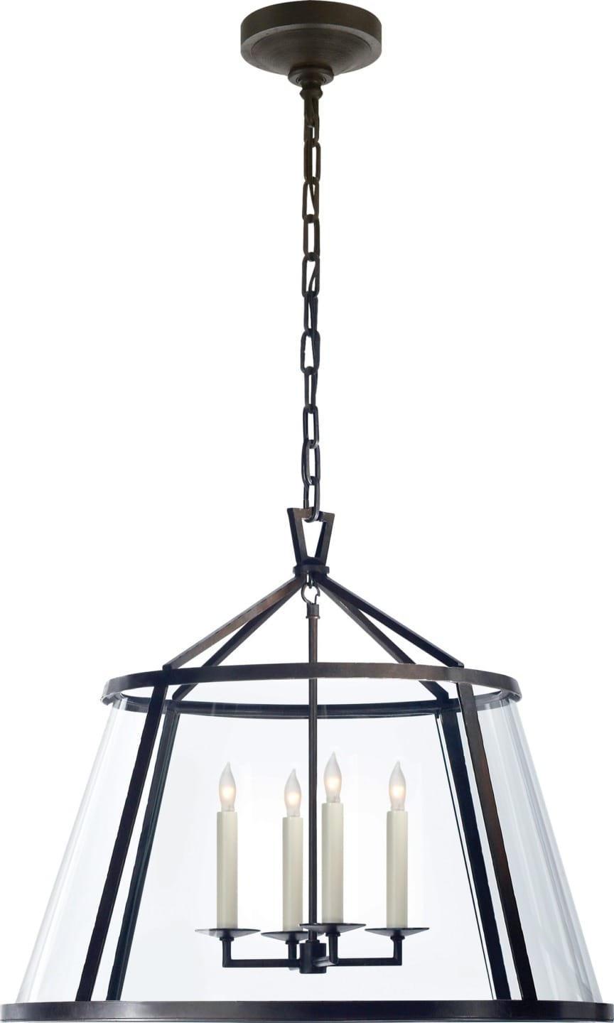Elegant pendant light with a black metal frame, glass shade, and four candle-style bulbs on a chain hanging from the ceiling.