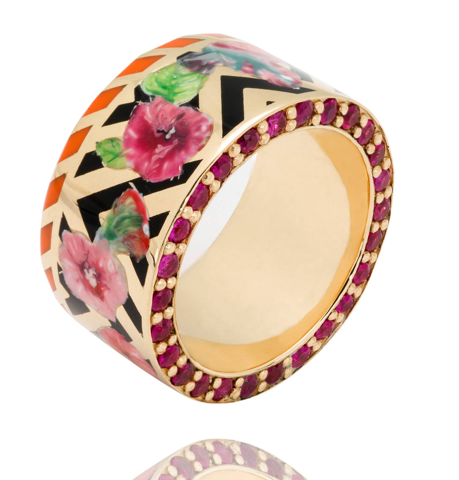 Colorful gold ring with floral and geometric designs, bordered by pink gemstones.