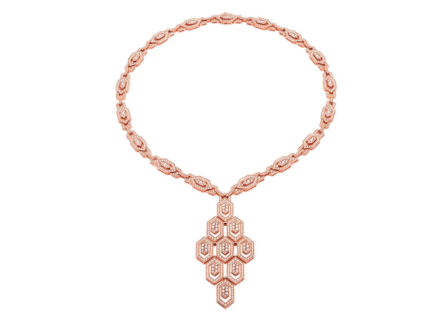 Elegant rose gold necklace with intricate hexagonal pendant design.