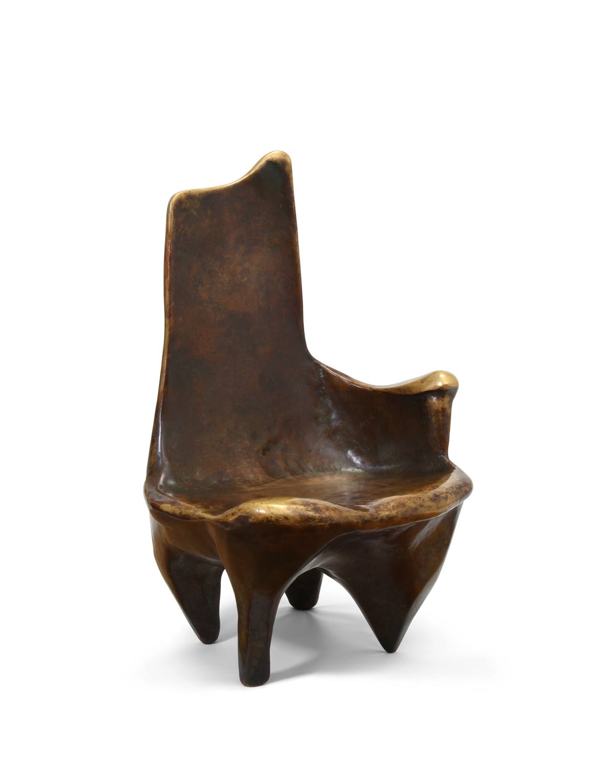 Bronze sculptural chair with high back and abstract design, featuring smooth curves and uneven legs.