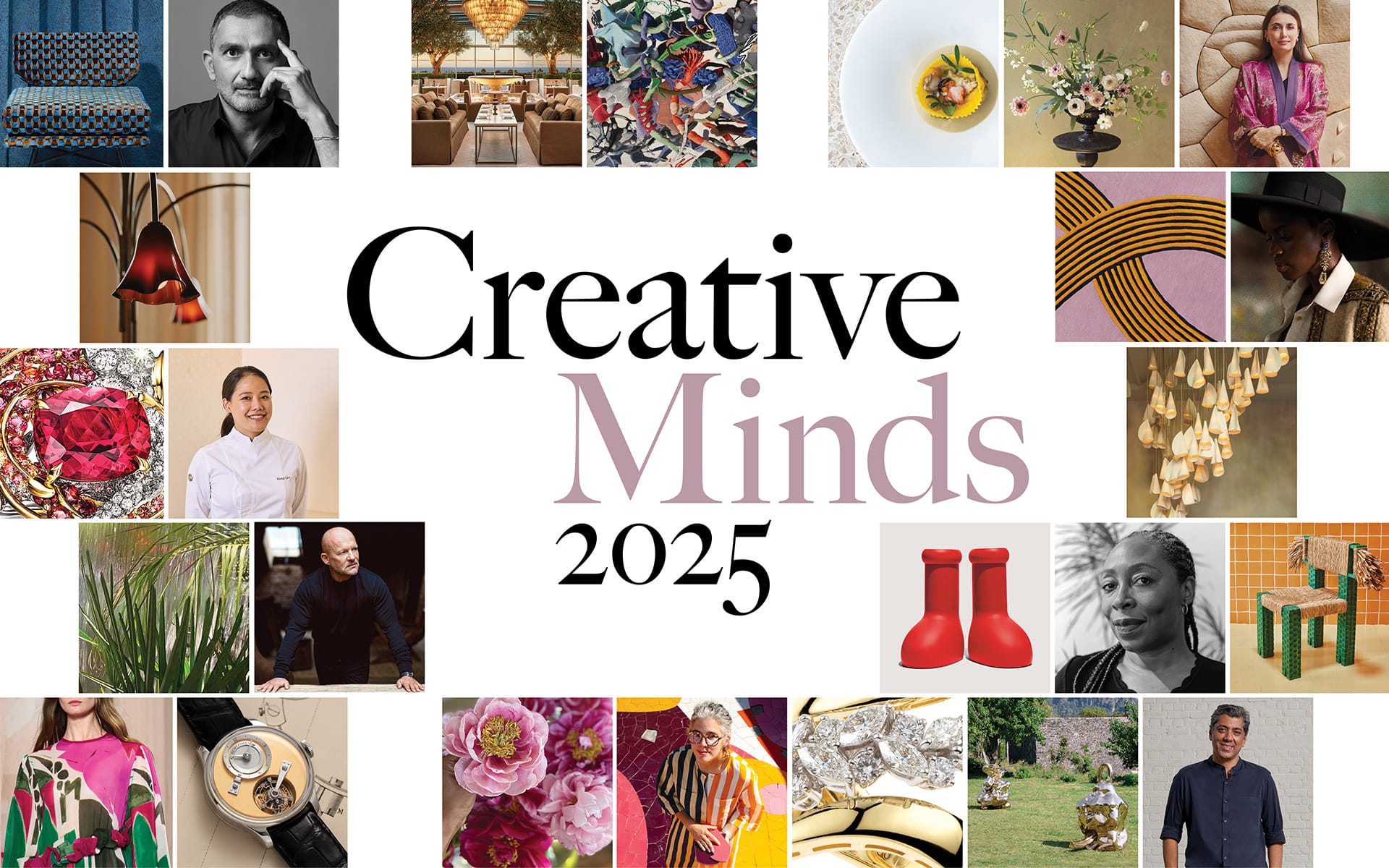 Collage with Creative Minds 2025 text surrounded by portraits, artwork, and design objects.