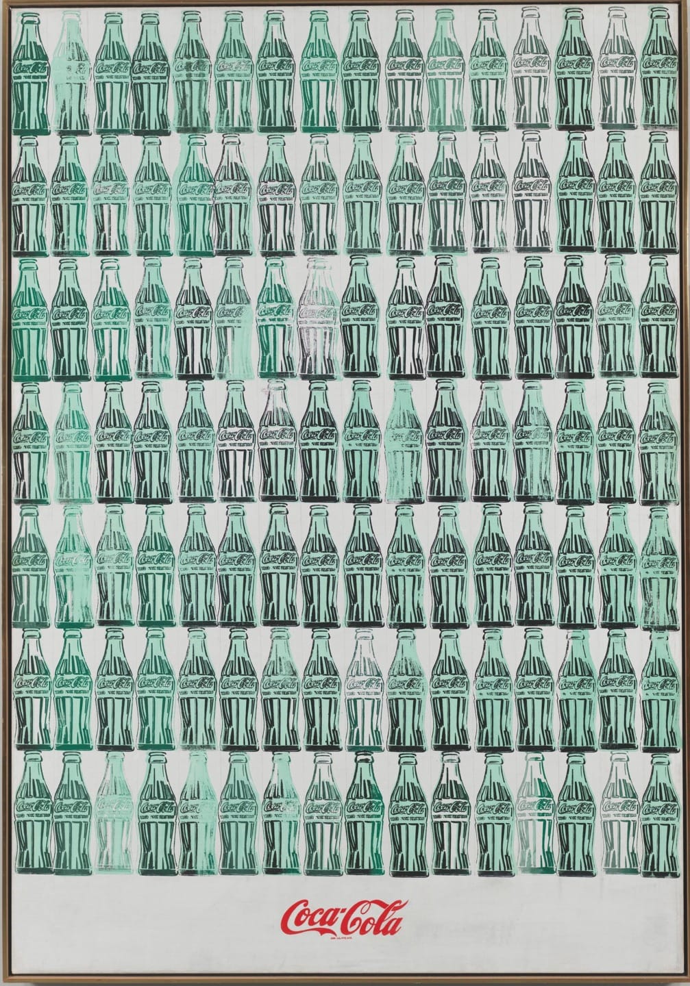 Andy Warhol's artwork featuring a grid of multiple green Coke bottles with a Coca-Cola logo at the bottom.