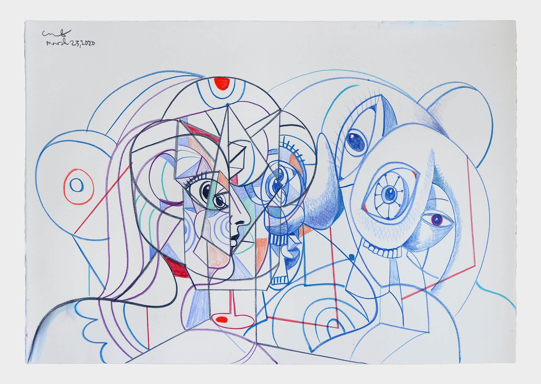 Abstract drawing of two stylized faces with geometric shapes and lines in blue, red, and black on a white background.