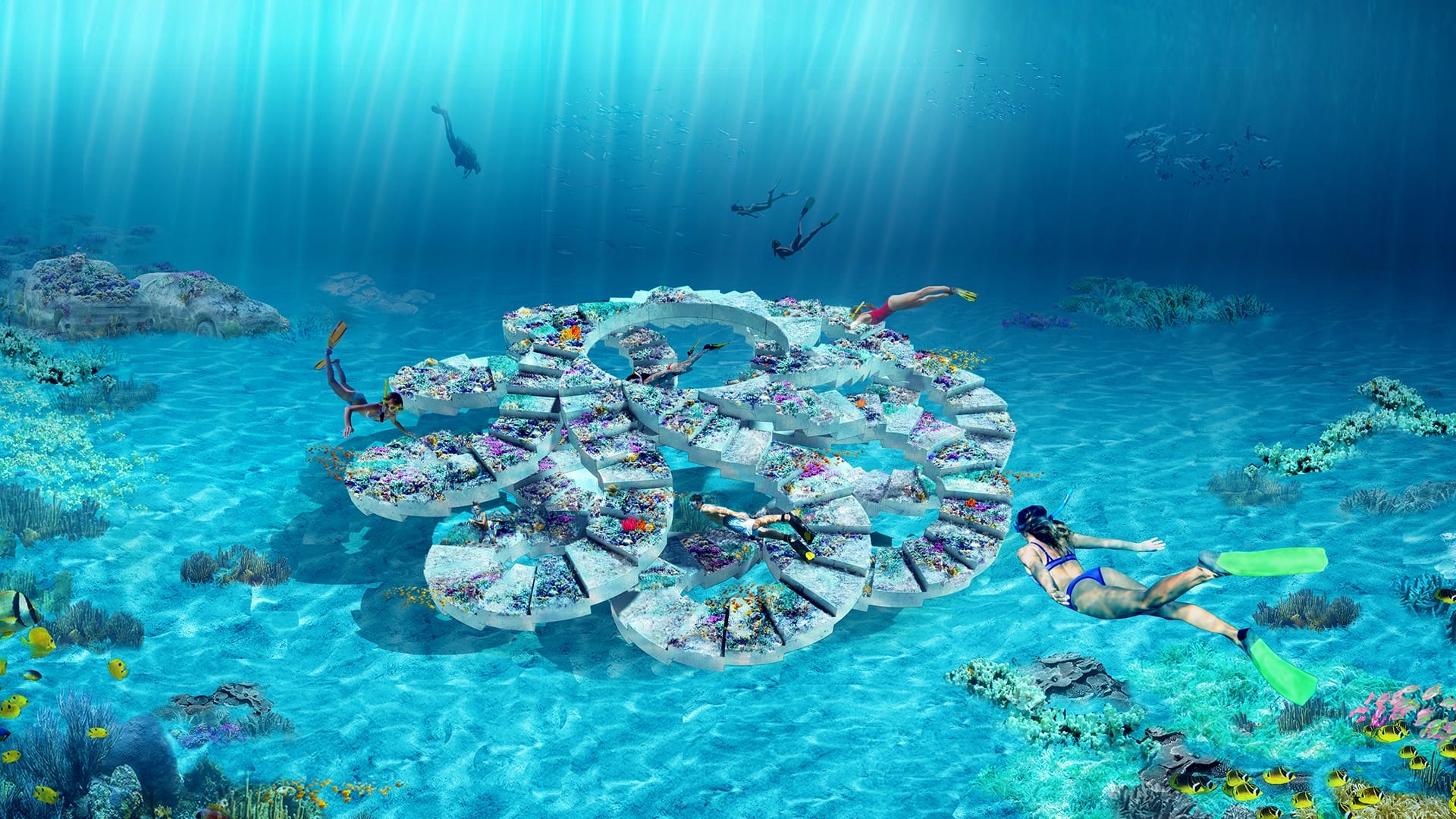 Underwater scene with divers exploring a fantasy structure shaped like a coral reef, surrounded by fish and marine life.