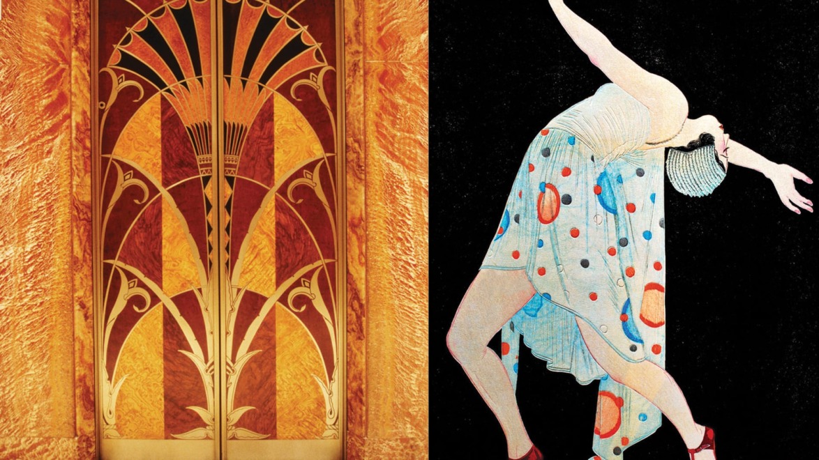 Left, Elevator doors in the Art Deco lobby of the Chrysler Building in New York. Right, A circa-1932 wood-block print of a Japanese “modern girl” dancing by Kobayakawa Kiyoshi.