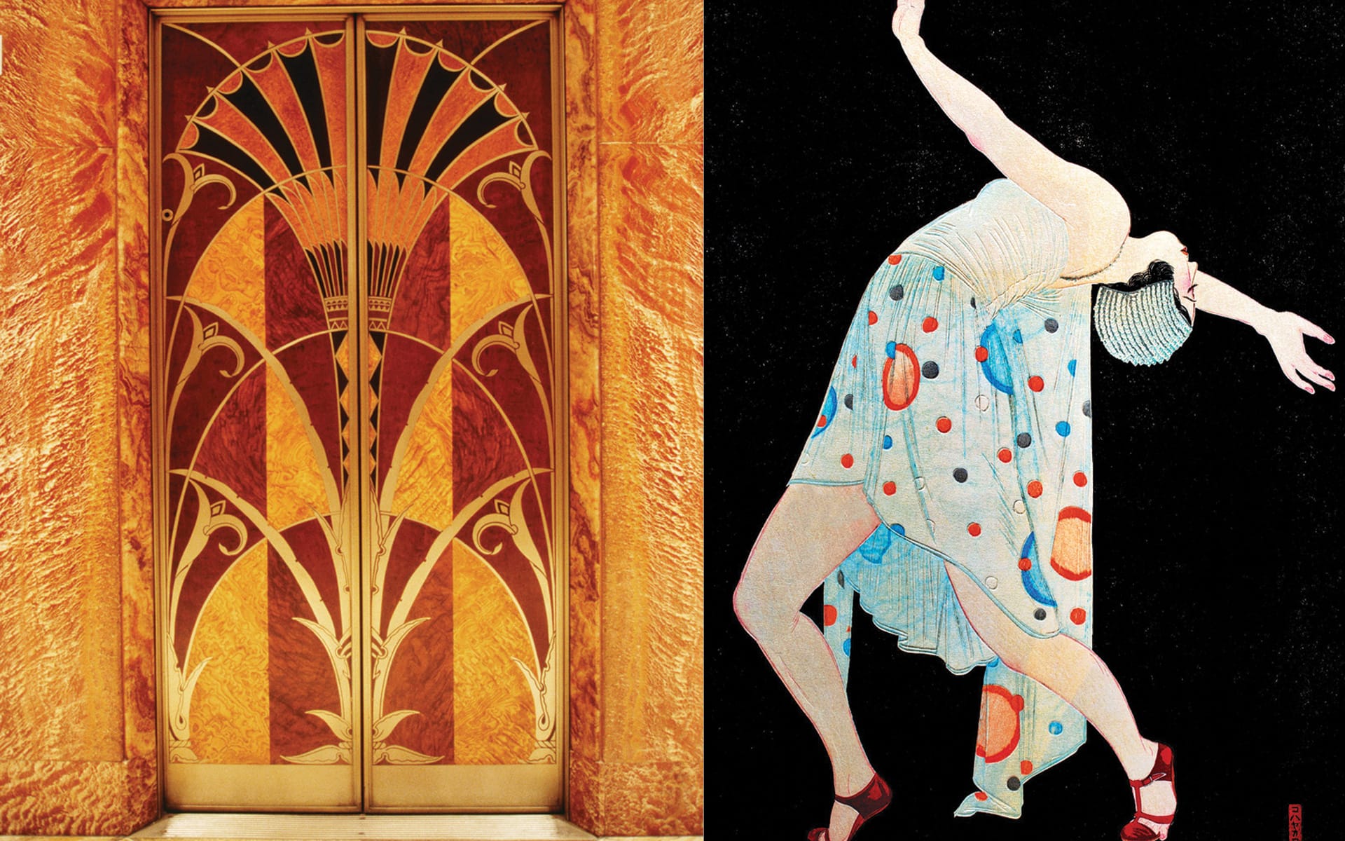 Left, Elevator doors in the Art Deco lobby of the Chrysler Building in New York. Right, A circa-1932 wood-block print of a Japanese “modern girl” dancing by Kobayakawa Kiyoshi.