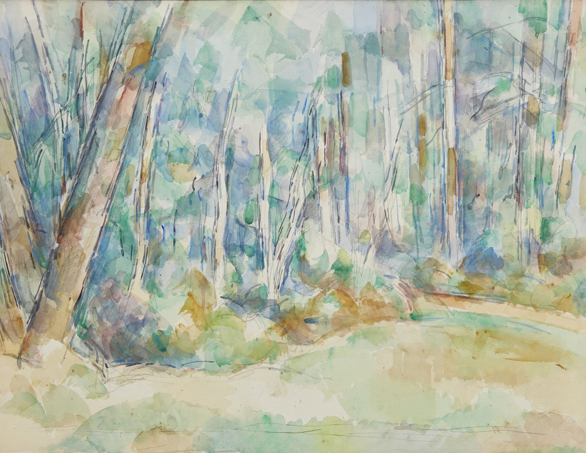 watercolor painting of a serene forest scene with trees and soft foliage in shades of green, blue, and earthy tones