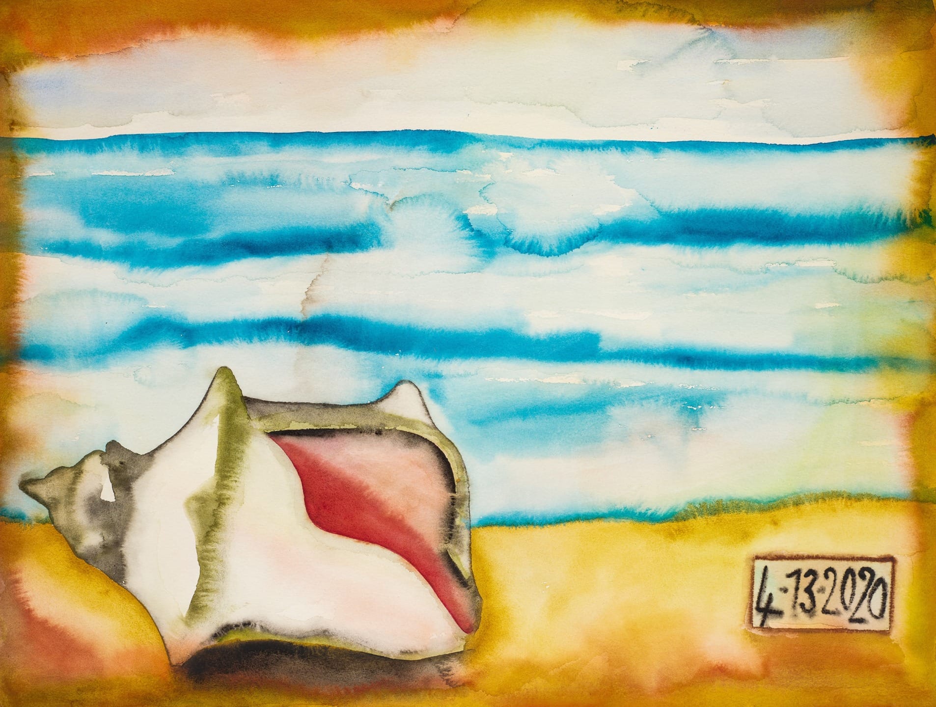 Watercolor painting of a seashell on a sandy beach with blue ocean waves in the background.