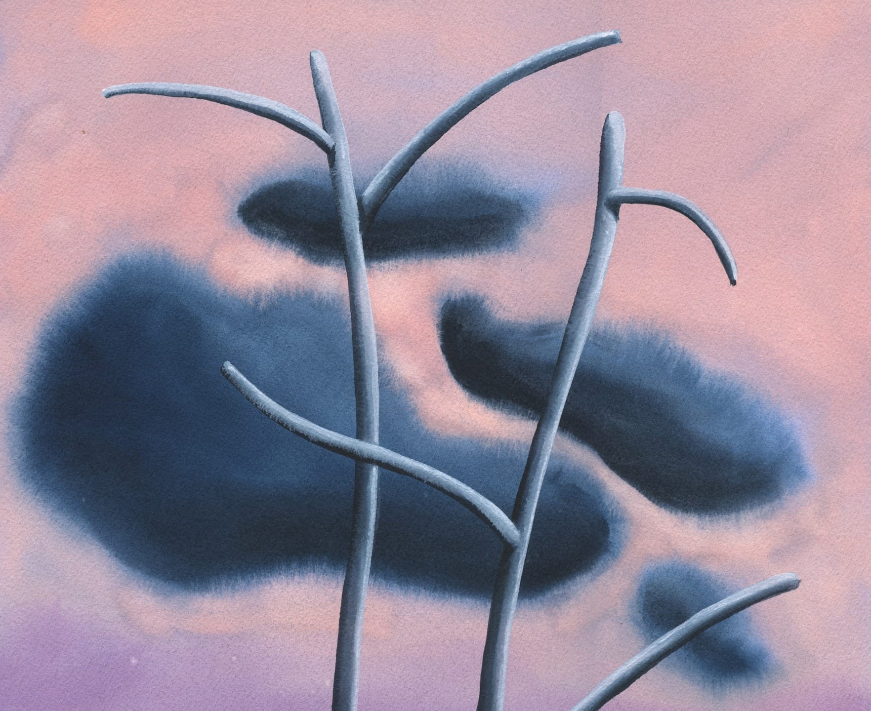 Abstract painting with curved gray lines against a blurred pink and blue cloudy background.