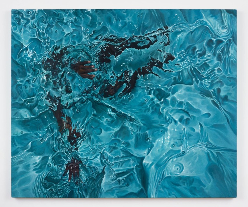 Surreal artwork of a figure emerging through rippling blue water, creating abstract patterns with light and shadows.