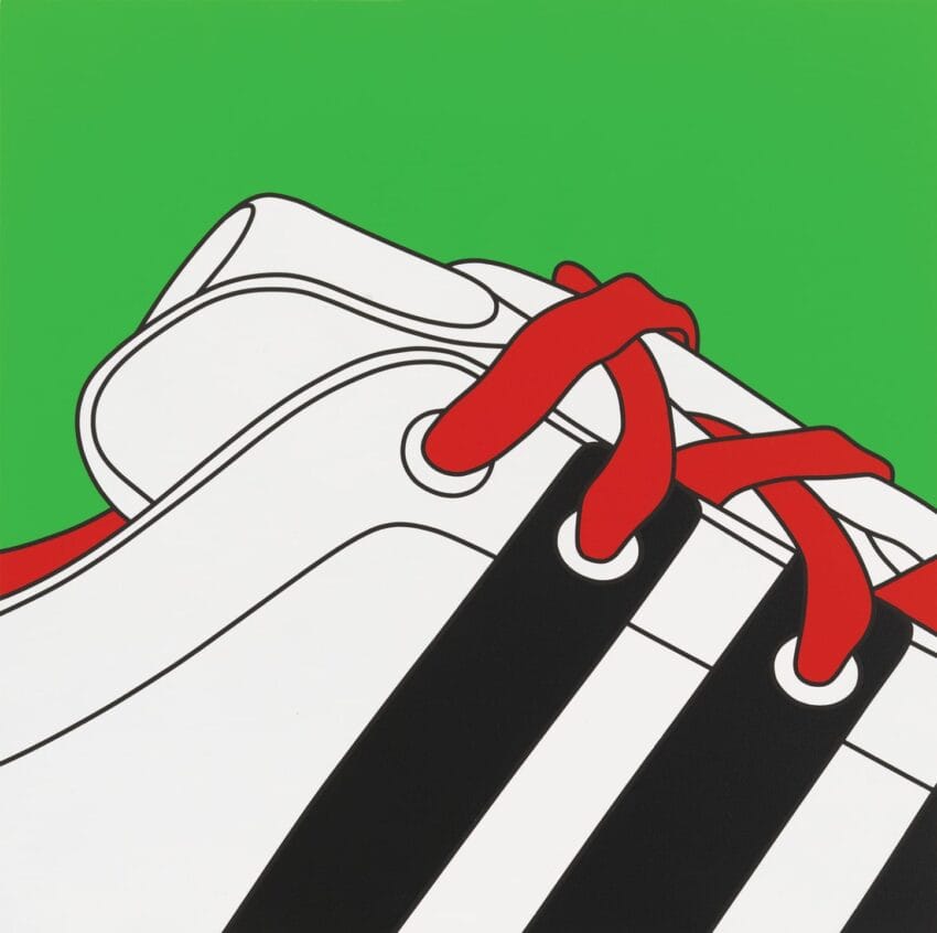 Illustration of a white sneaker with red laces and black stripes on a green background.
