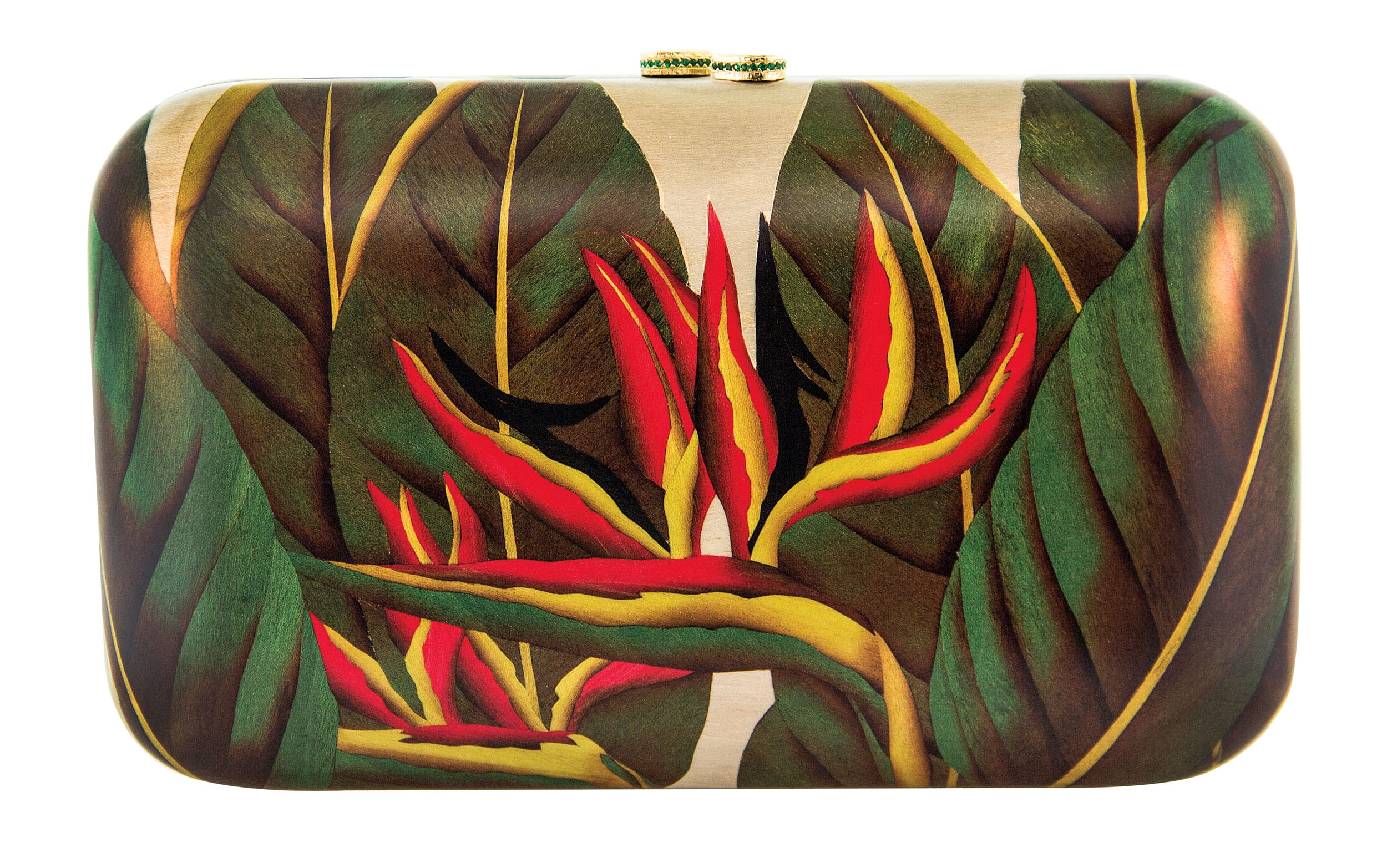 Colorful clutch bag with tropical leaf and flower design.