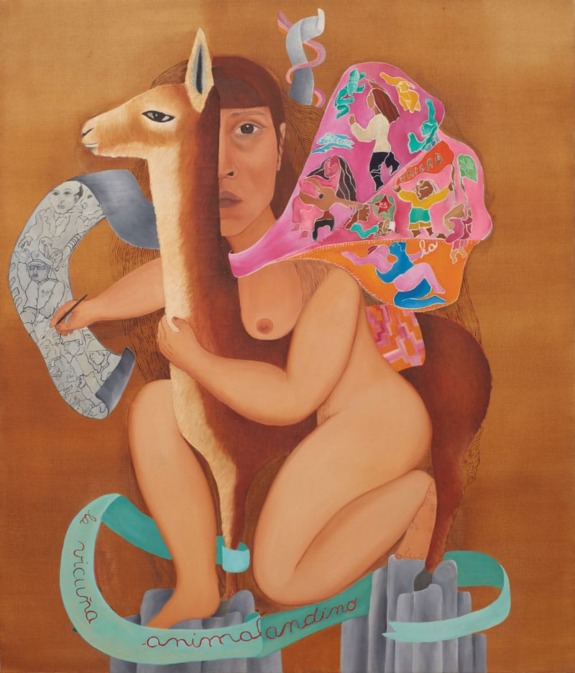 Surreal painting of a person blending with a llama, featuring vibrant colors and flowing ribbons.