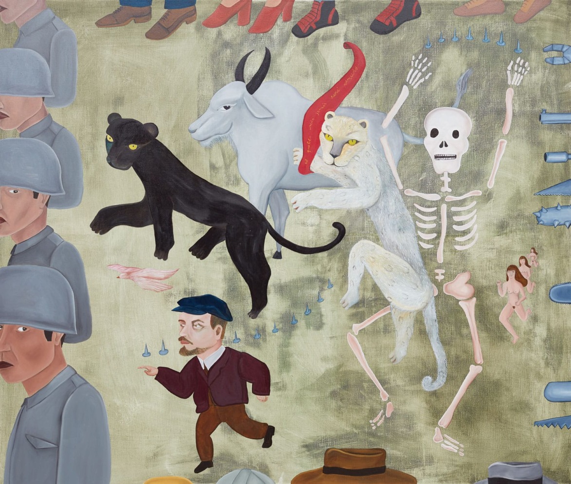 Colorful surreal painting featuring animals, human figures, and skeletons in a symbolic and abstract composition.