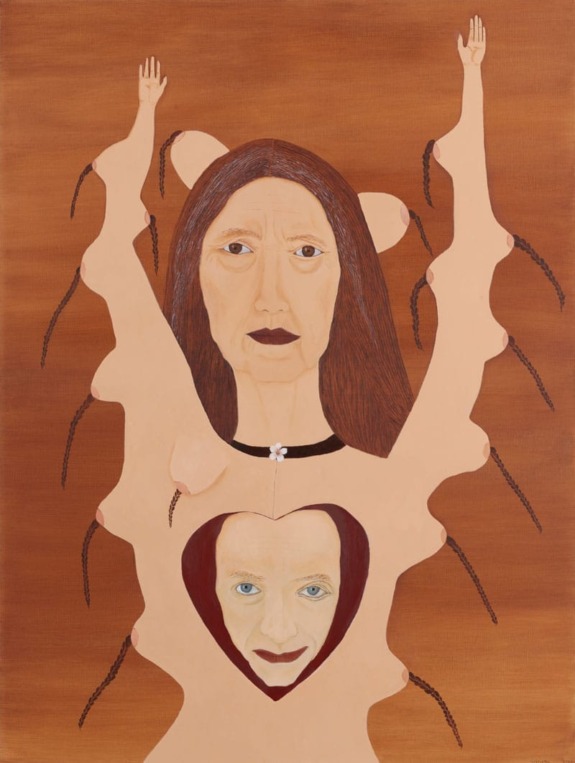 Surreal painting of a woman with raised arms, a second face within her body, set against a brown background.