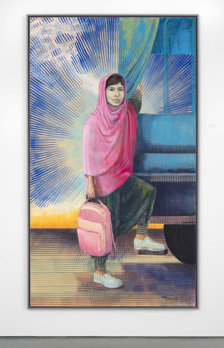 Painting of a person in a pink shawl holding a pink bag, standing next to a blue couch against a colorful abstract background.