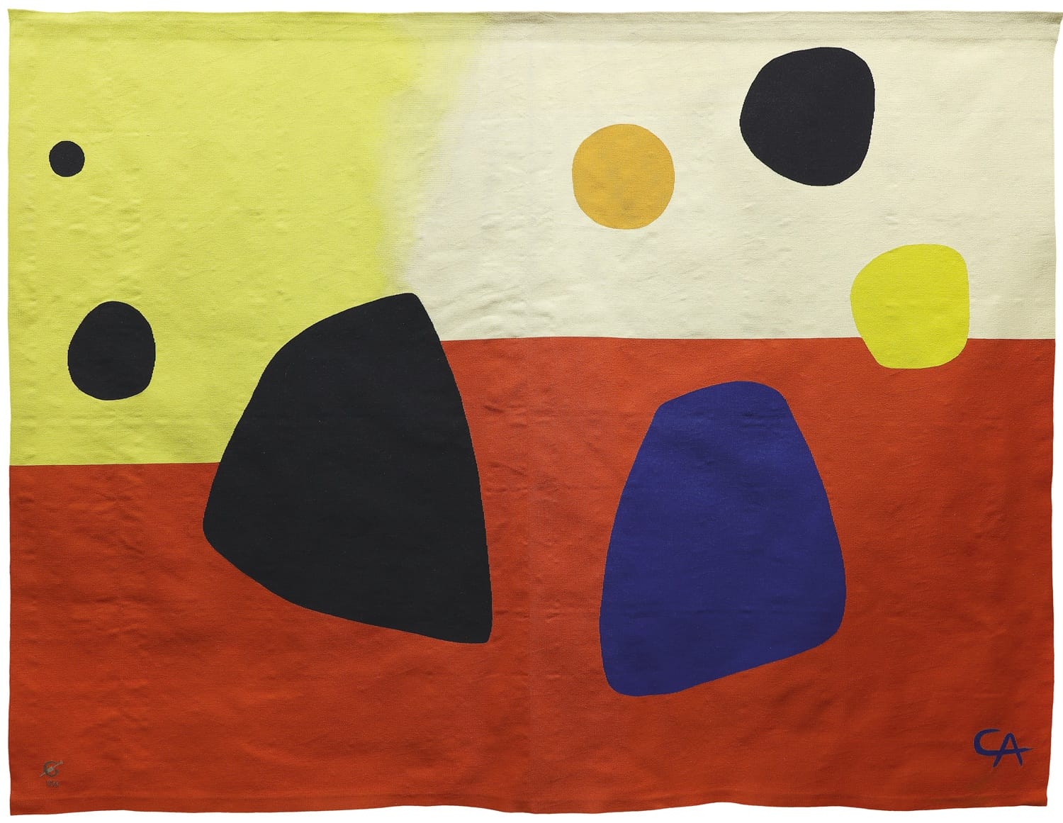 Abstract artwork with black, yellow, and blue shapes on a split yellow and orange background.