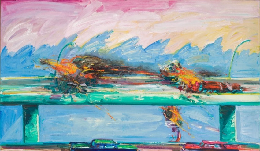 Abstract painting with bright colors depicting vehicles on a bridge with dynamic and expressive brush strokes.