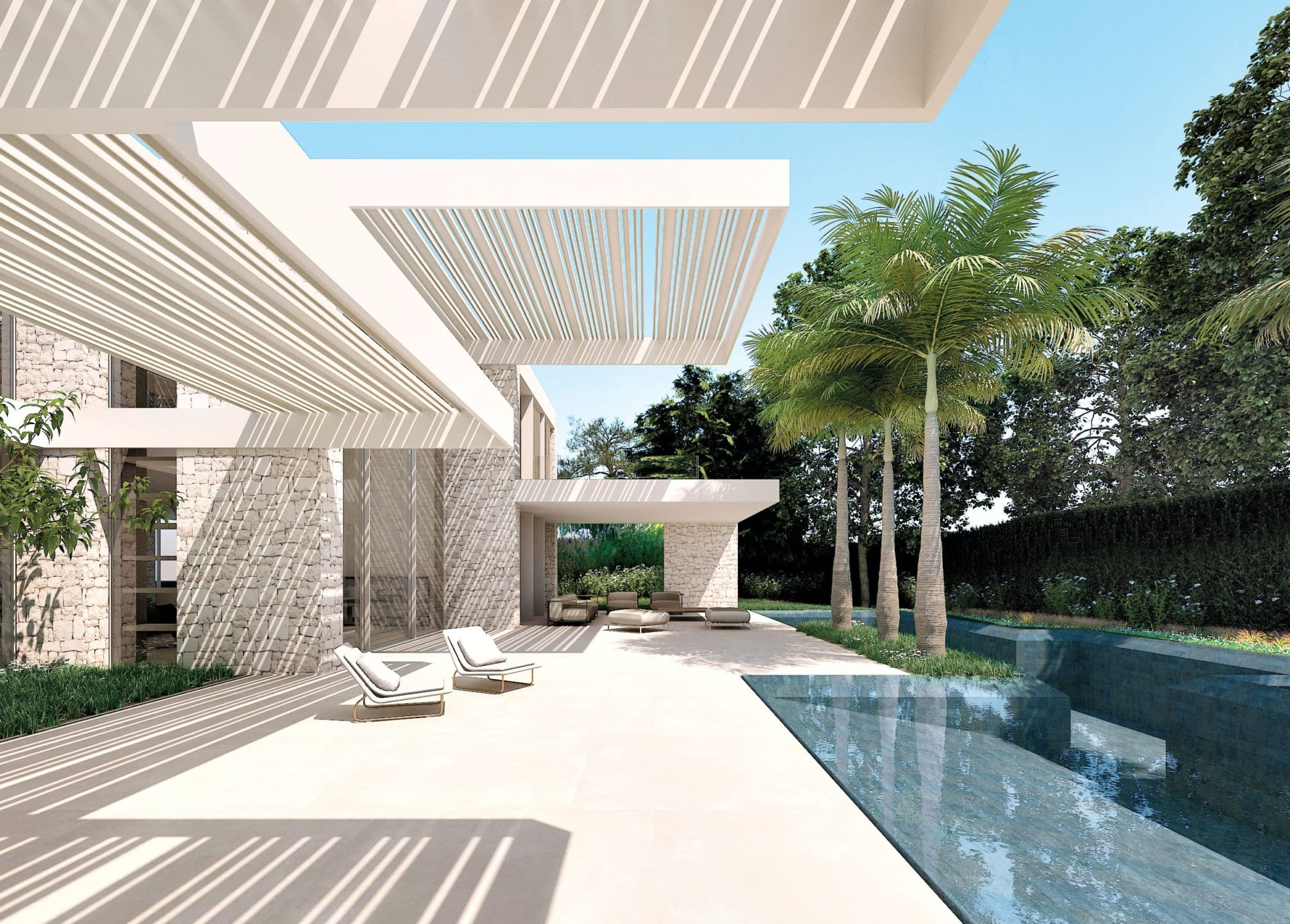 Modern patio with white shade structures, lounge chairs, palm trees, and a small pool under a clear blue sky.