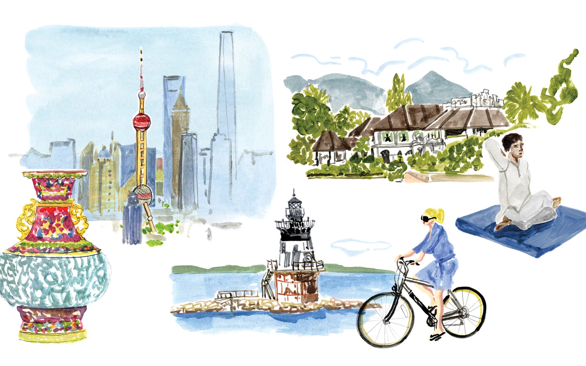 Watercolor collage of Shanghai skyline, ornate vase, yoga person, lighthouse, mountain hotel, and person biking.