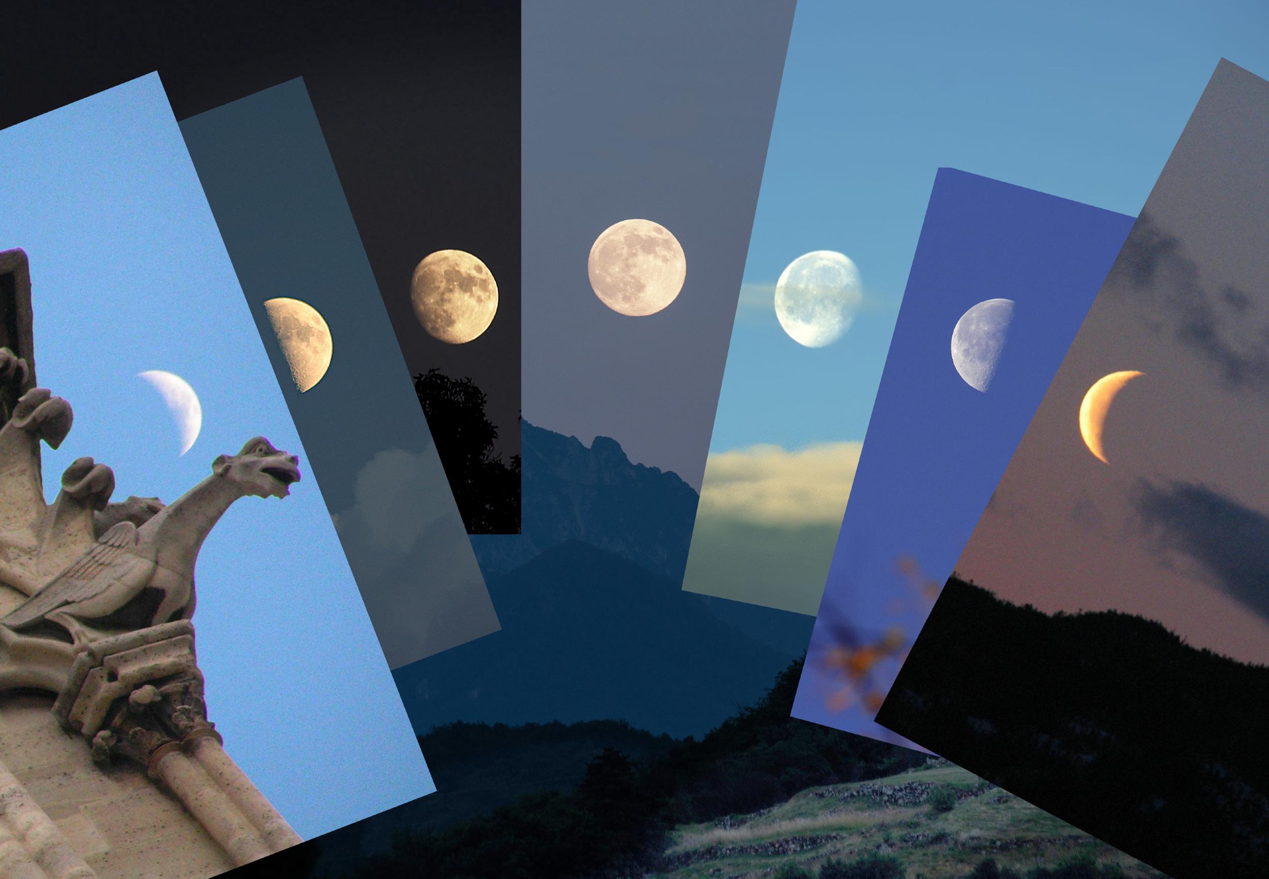 Collage of moon phases transitioning from crescent to full, set against various evening and night sky backgrounds.