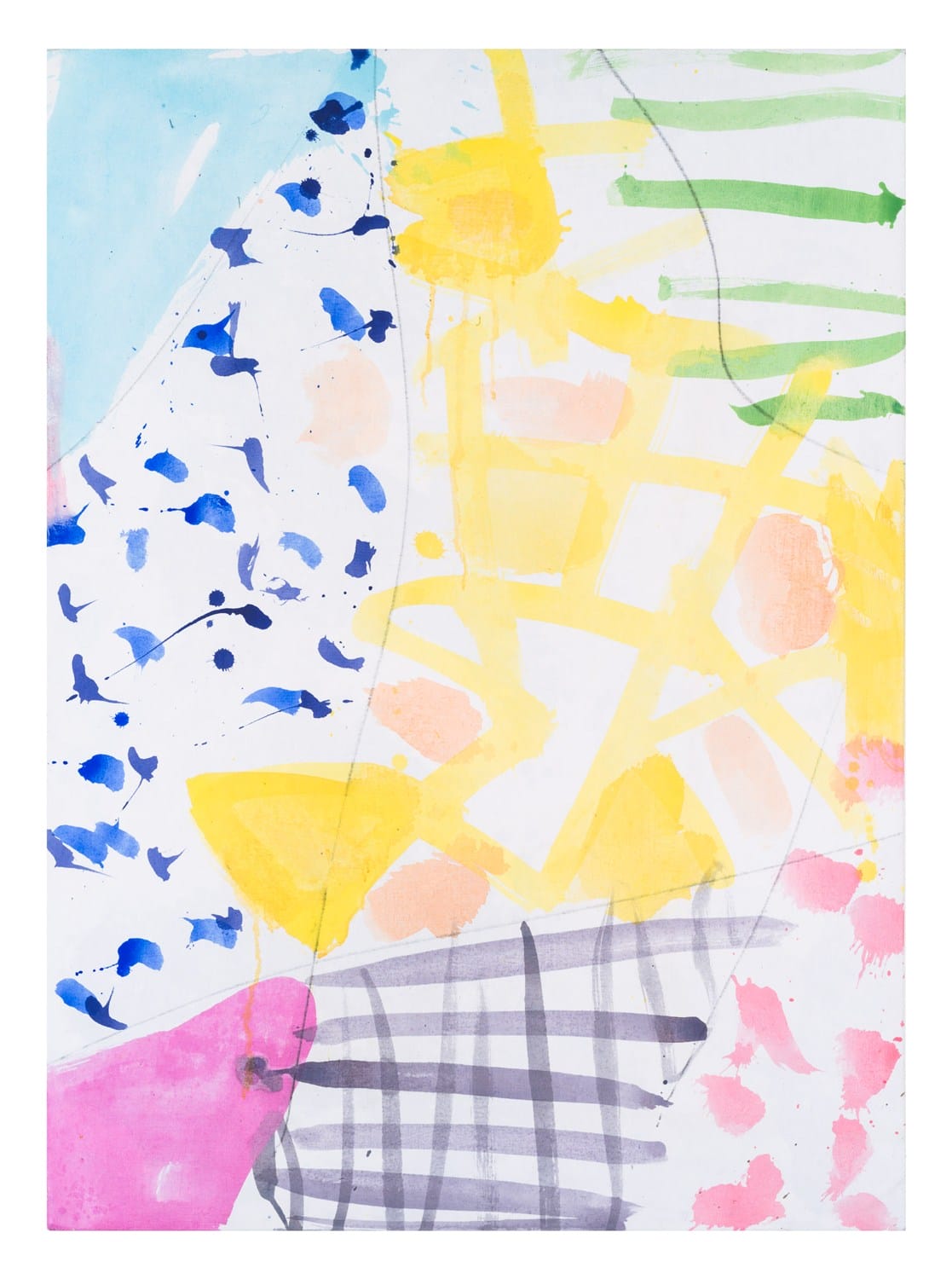 Abstract painting with vibrant colors, including yellow, blue, pink, and green, featuring geometric and floral patterns.