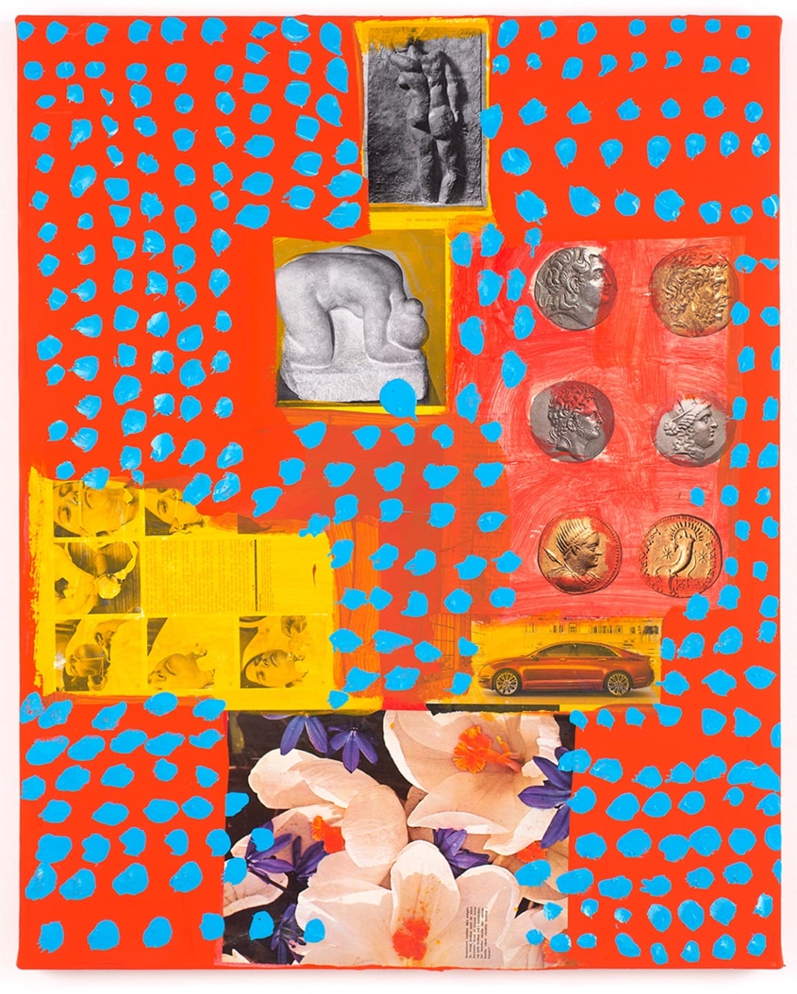 Collage of various colorful images including flowers, coins, and abstract patterns on a vibrant red background with blue dots.