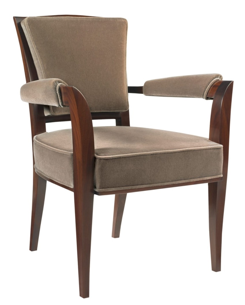 Art Deco style chair with brown upholstery and wooden frame.