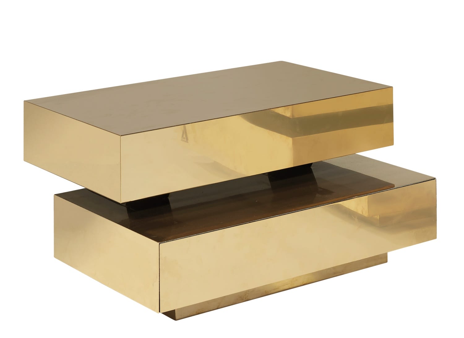 Modern gold-finished coffee table with a geometric, stacked design and reflective surfaces.