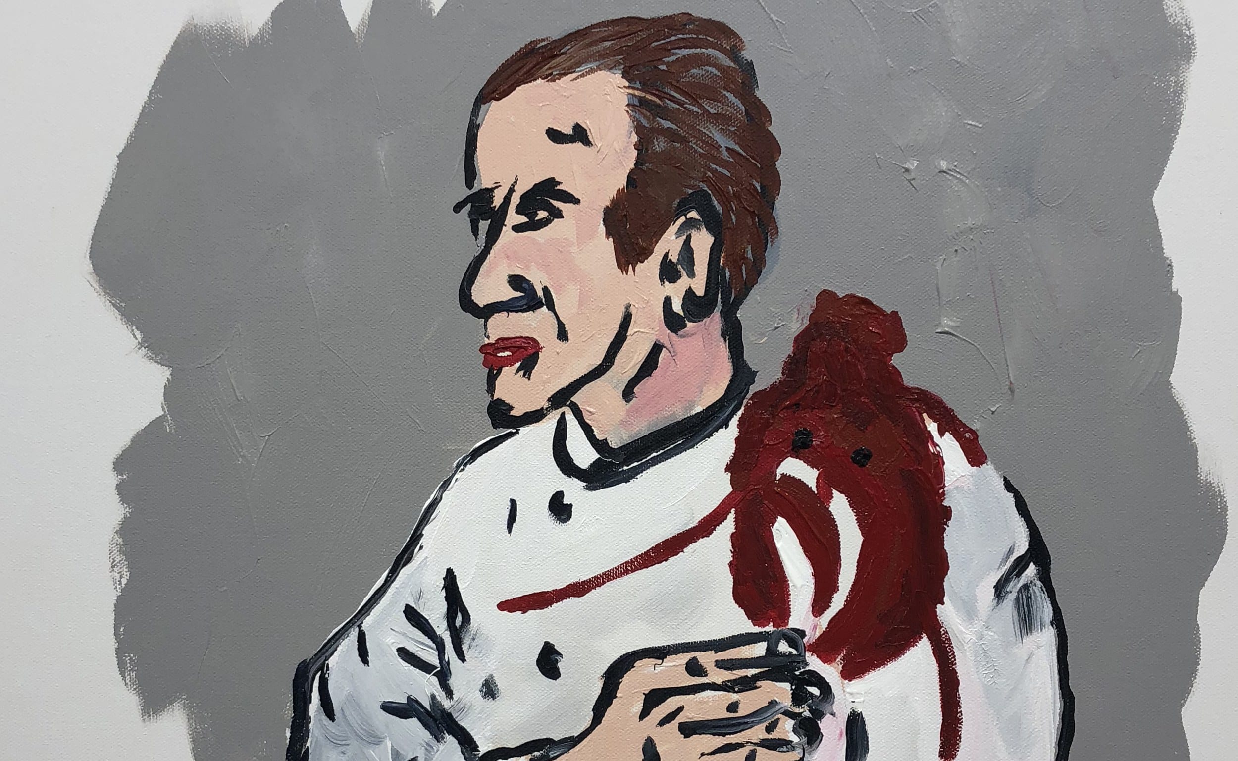 Painting of a chef in a white coat holding a chicken, with a gray background and red accents.