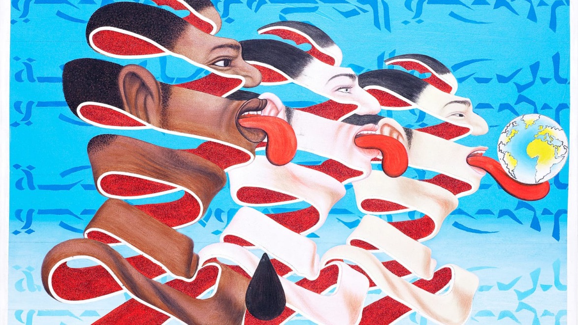 Abstract painting of three faces with protruding tongues, each progressing into a globe, against a blue background with text.