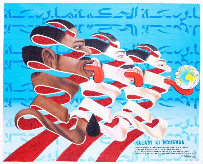 Abstract painting of three faces with protruding tongues, each progressing into a globe, against a blue background with text.