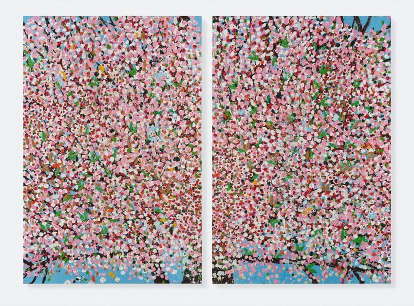 Colorful abstract painting of cherry blossoms in full bloom, with pink and white petals against a light blue background.