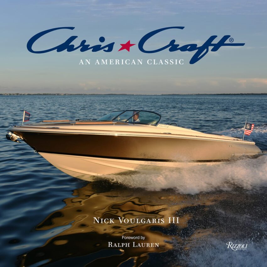 Golden speedboat on the water with a driver, under a blue sky, in front of Chris-Craft An American Classic text.