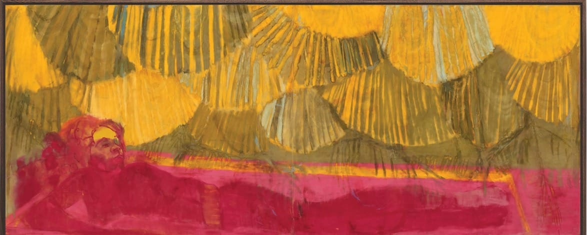 Abstract painting of a reclining figure in vibrant red, with a background of yellow and green geometric patterns.