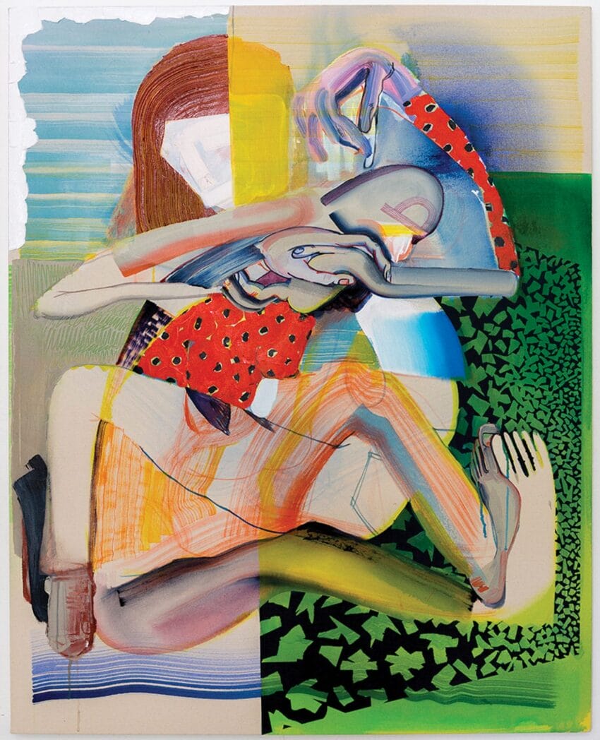 Abstract painting of a figure holding an object, featuring vibrant colors and geometric patterns in the background.