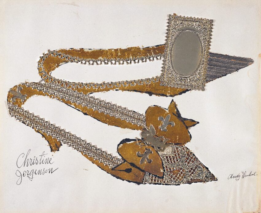Illustration of ornate shoes with intricate designs and embellishments, signed by the artist.