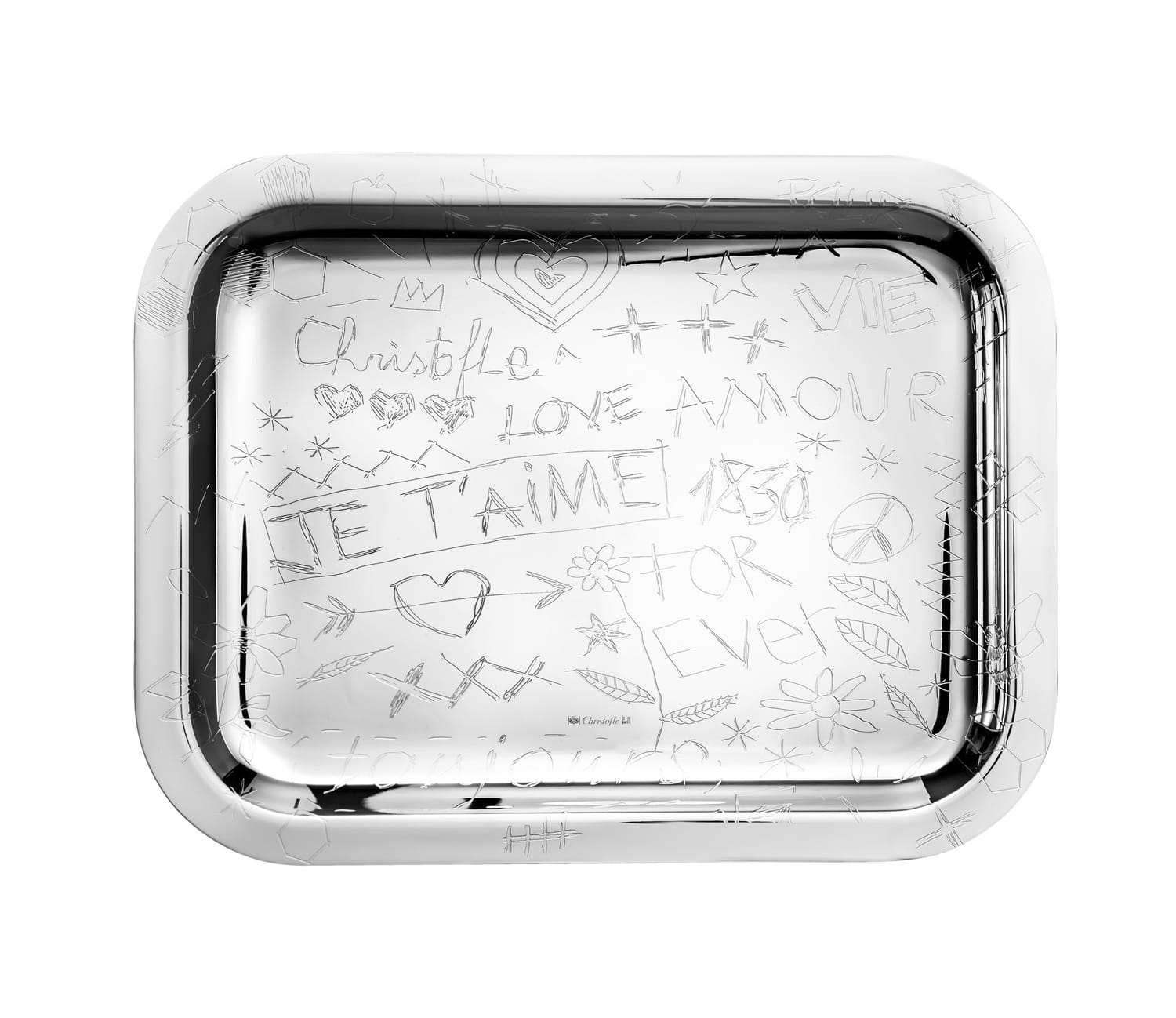 Silver square tray with engraved doodles including hearts, stars, and the phrases "Love" and "Je t'aime" on the surface.