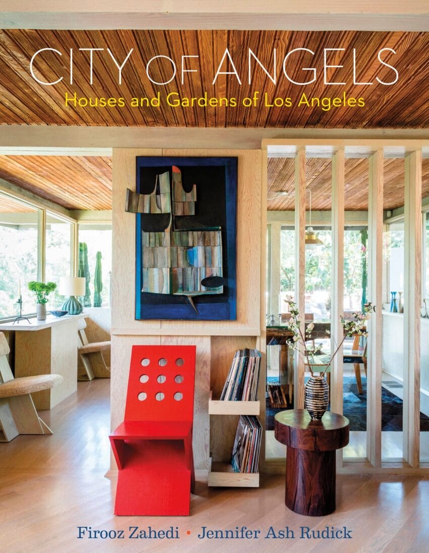 Book cover titled "City of Angels: Houses and Gardens of Los Angeles" with modern interior and red chair.