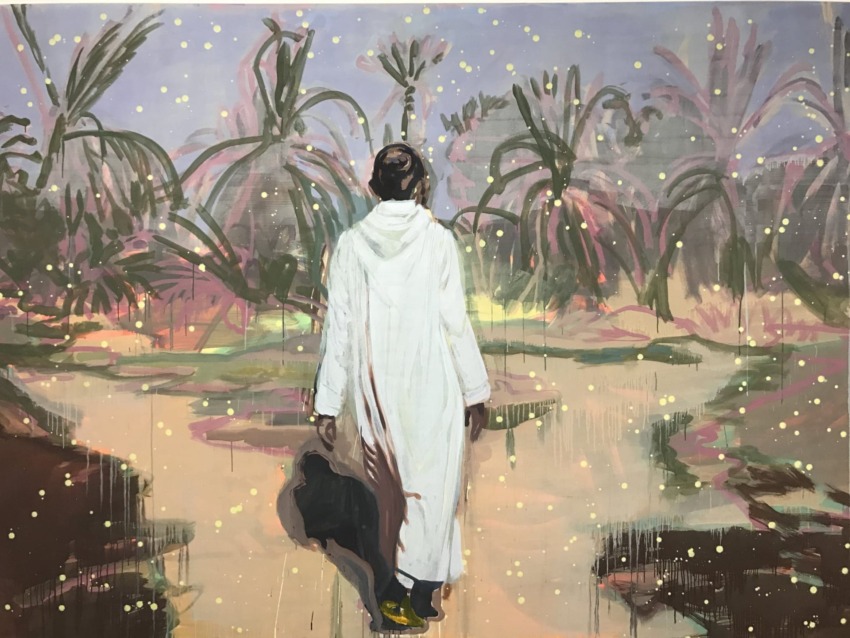 A person in a white robe walks through a dreamy, abstract landscape with palm trees and glowing dots.