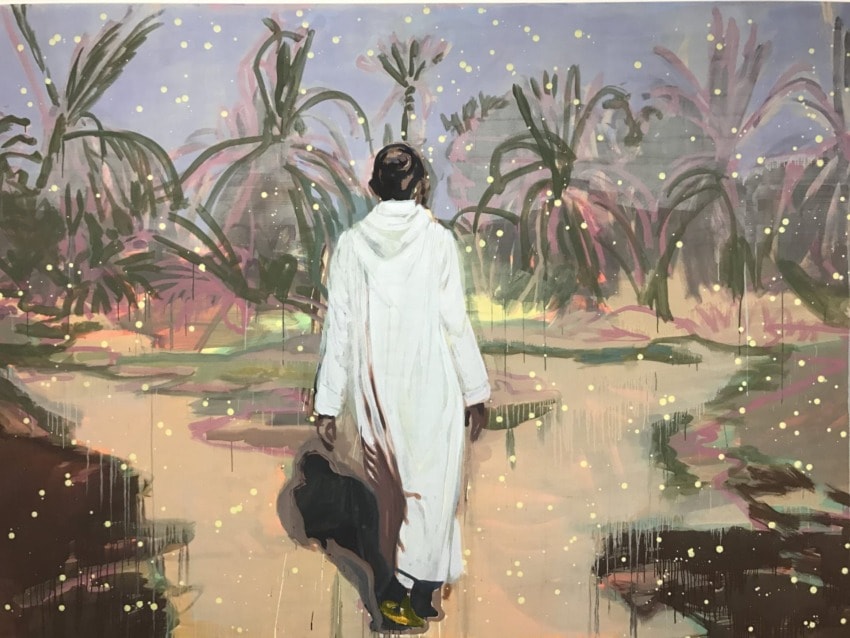 A person in a white robe walks through a dreamy, abstract landscape with palm trees and glowing dots.