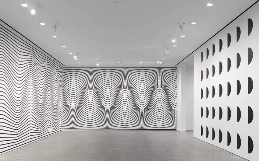 Contemporary art gallery with black and white op art designs on walls featuring wavy lines and semi-circle patterns.
