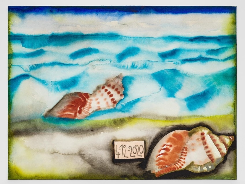Colorful painting of a beach scene with two large seashells on the sand and ocean waves in the background.