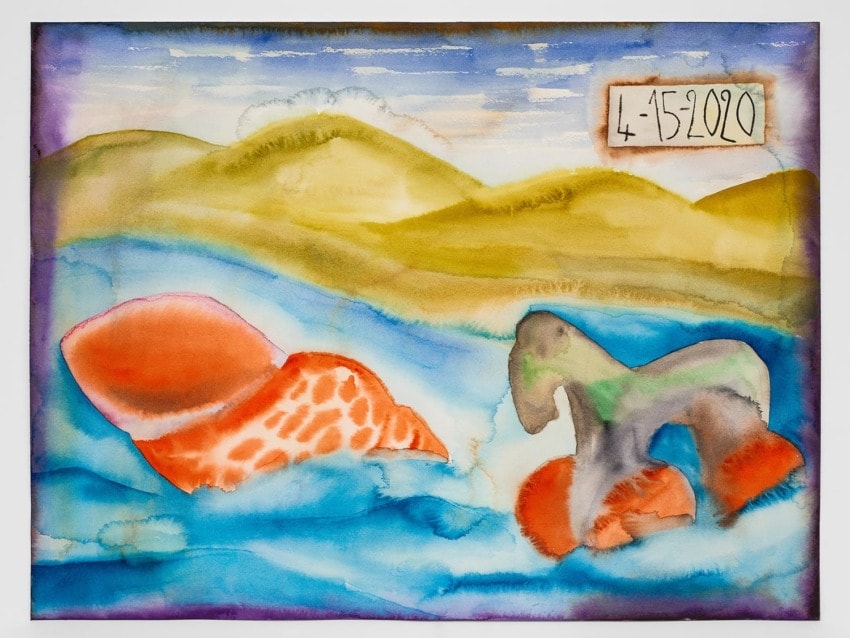 Colorful abstract painting with vibrant orange and blue shapes against a green and blue backdrop dated 4-15-2020 in corner.